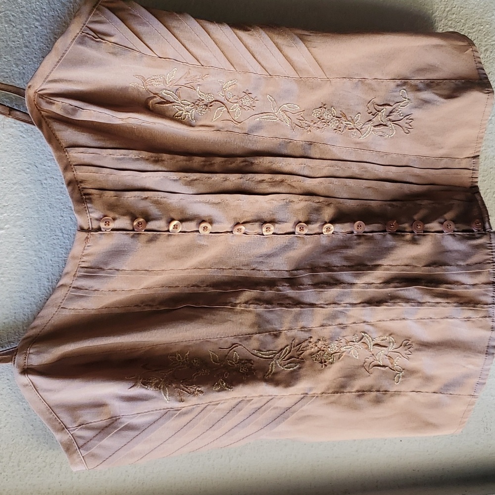 Metallic Shimmery Dusty Rose Mauve Spaghetti Strap Tank Top Embroidered Buttoned